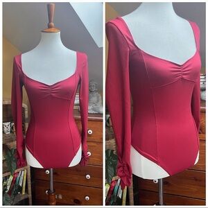 Free People Tiny Dancer Bodysuit Small Red Long Sleeve Sweatheart Neckline Thong